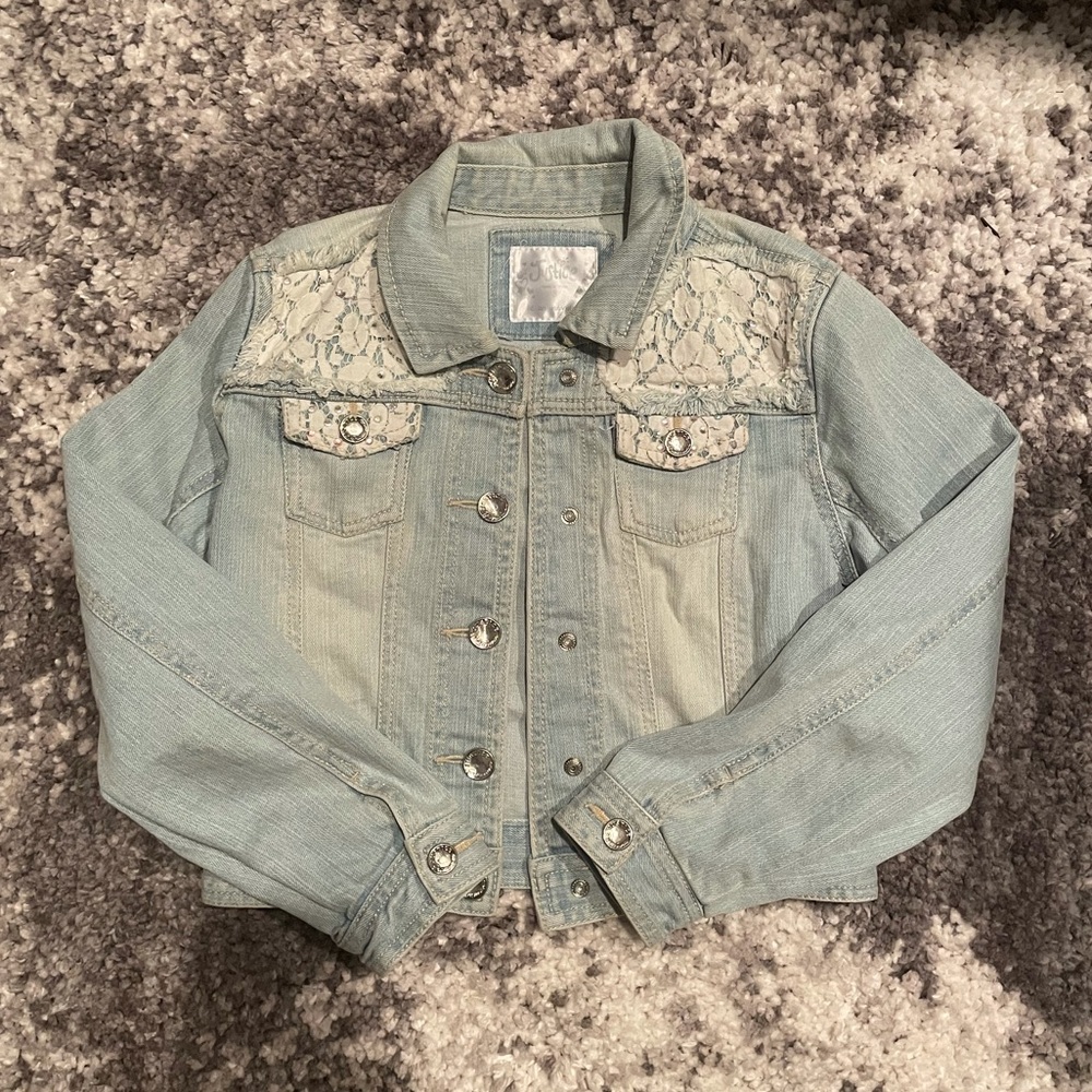 Faded Denim Justice Jean Jacket for girls. Adorable with lace and crystals.